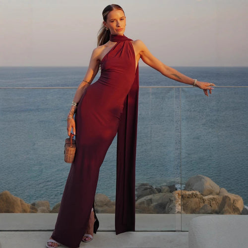 Damen Elegantes Maxikleid mit innovativem Wickeldesign und asymmetrischem Halterhals Drune