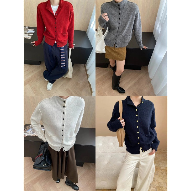Damen kuschelige Strickjacke mit praktischen Taschen und Knopfverschluss Drune