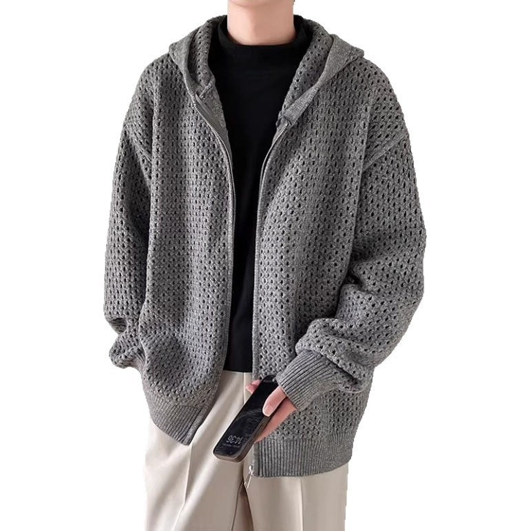 Herren Modische Strickjacke mit Kapuze und luftiger Struktur Drune