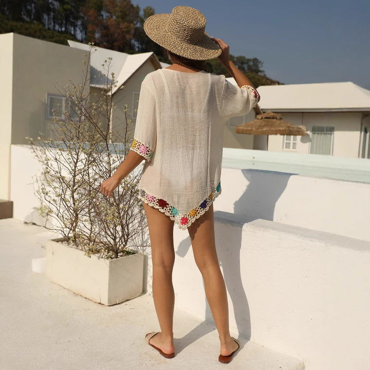 Damen luftiger Kaftan mit buntem Häkelmuster Drune