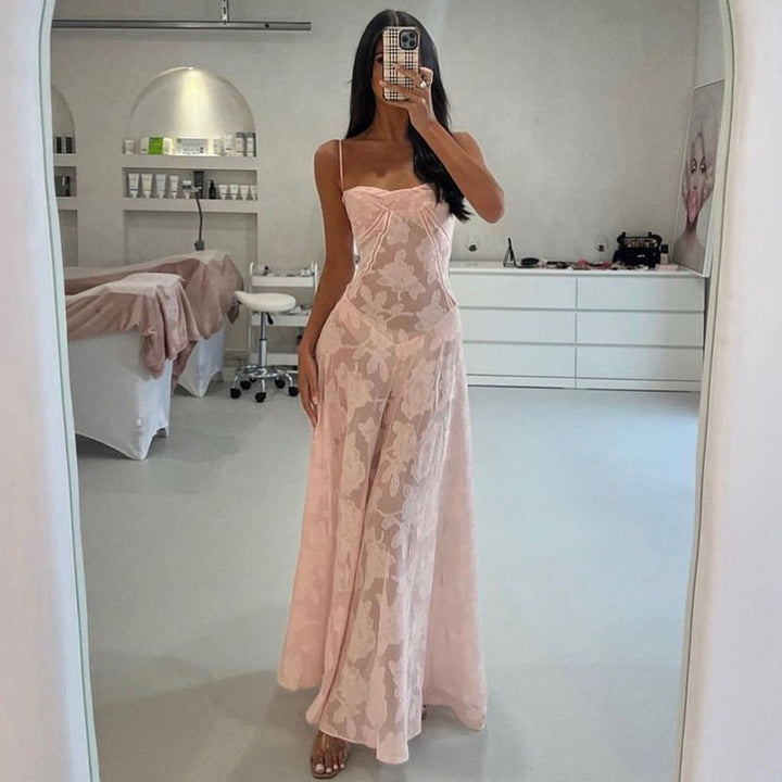 Damen Maxikleid mit transparentem Oberteil und feinem Spitzenmuster Drune