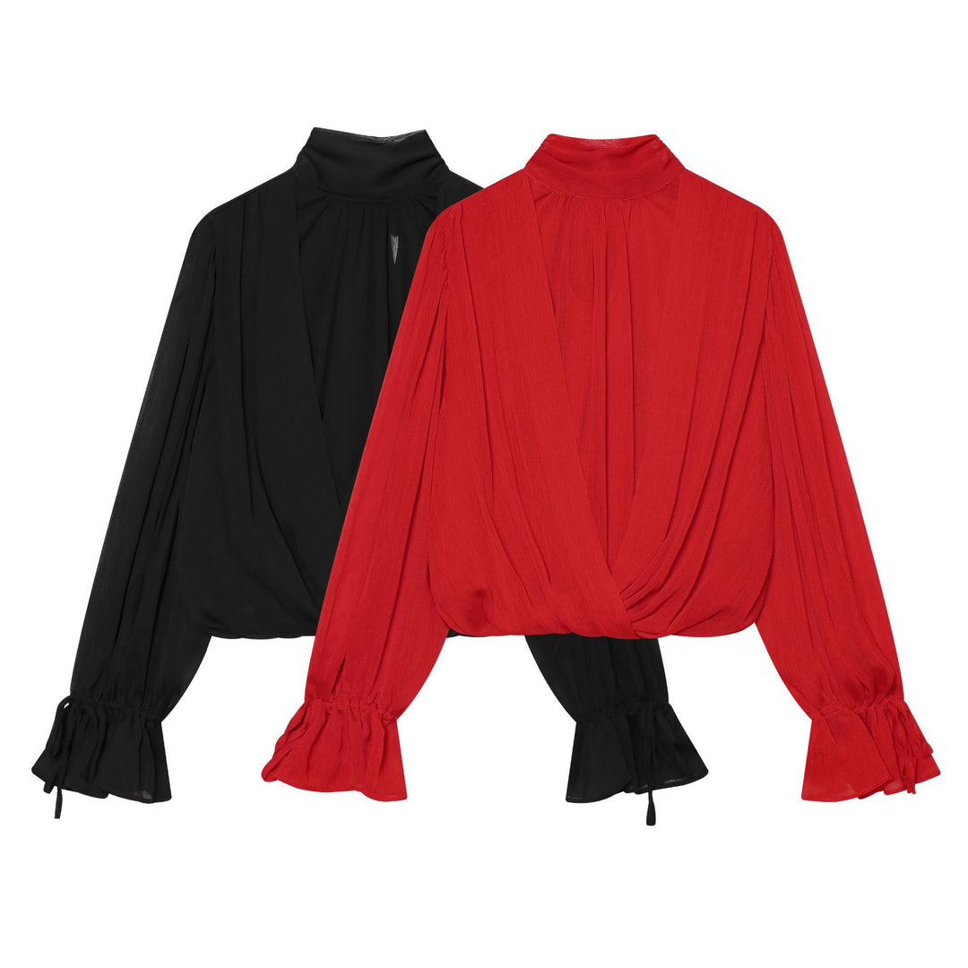 Damen Schlupfbluse mit Schleifenkragen, plissierten Volantärmeln und elastischem Saum Drune