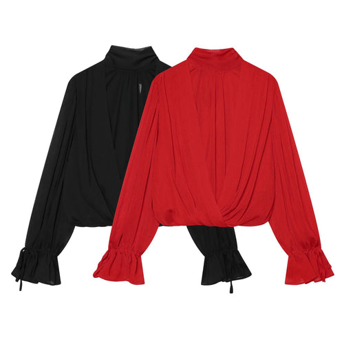 Damen Schlupfbluse mit Schleifenkragen, plissierten Volantärmeln und elastischem Saum Drune