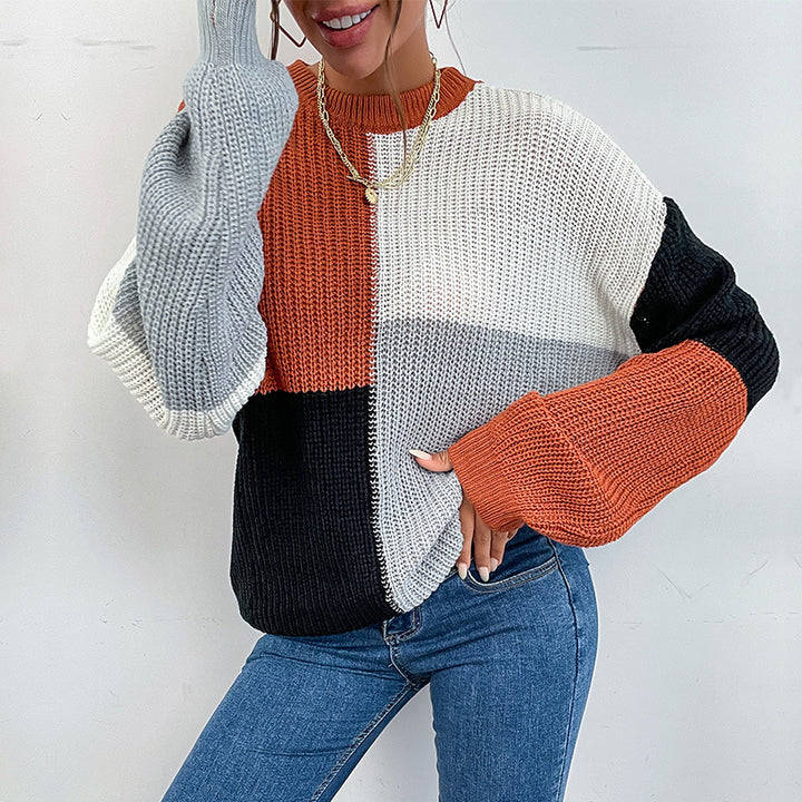 Damen Grobgestrickter Colorblock-Pullover Oversize mit Rundhals & Ballonärmeln Drune