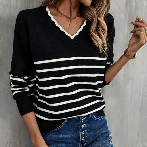 Drune | Pullover - Damen Herbst Freizeit Gestreifter V-Ausschnitt Pullover