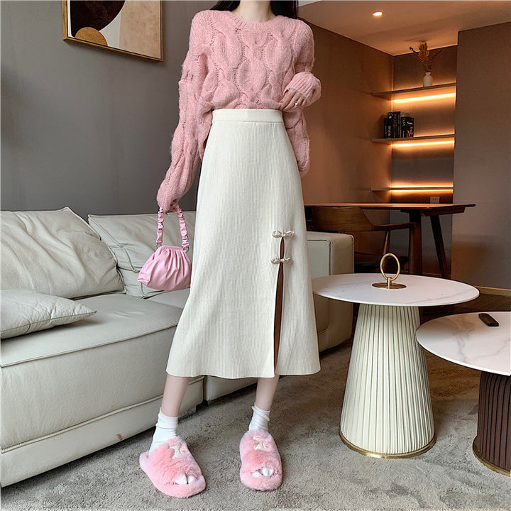 Damen Eleganter Strickrock mit Schlitz und Schleifendetails Drune