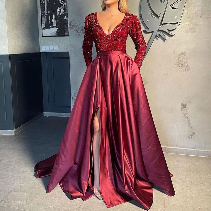 Damen Glamouröses Abendkleid mit tiefem V-Ausschnitt und schimmernden Pailletten Drune