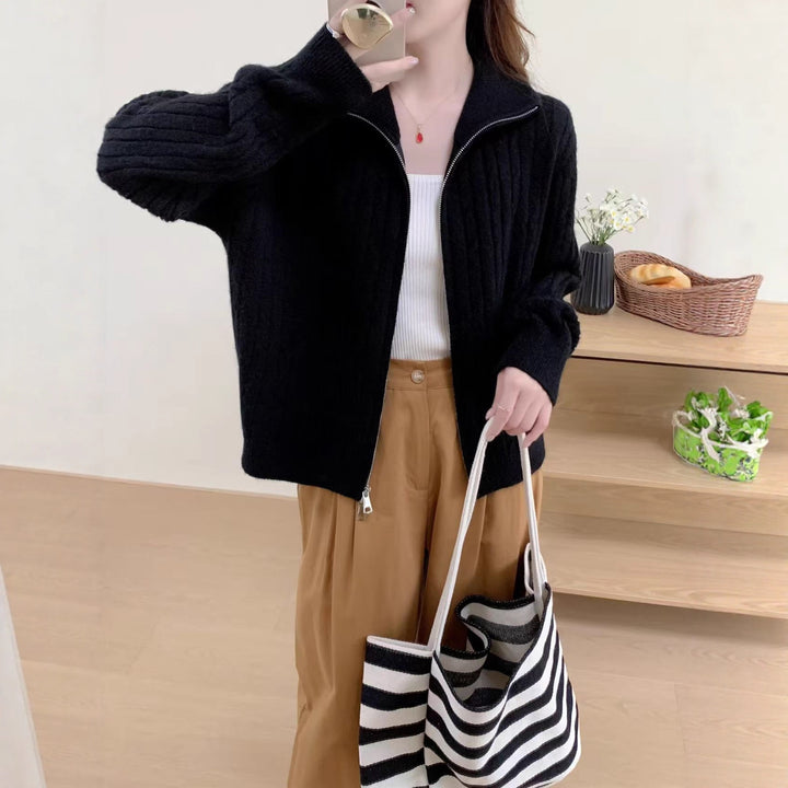 Damen Strickjacke mit modernem Zipper und dekorativem Kabelmuster Drune