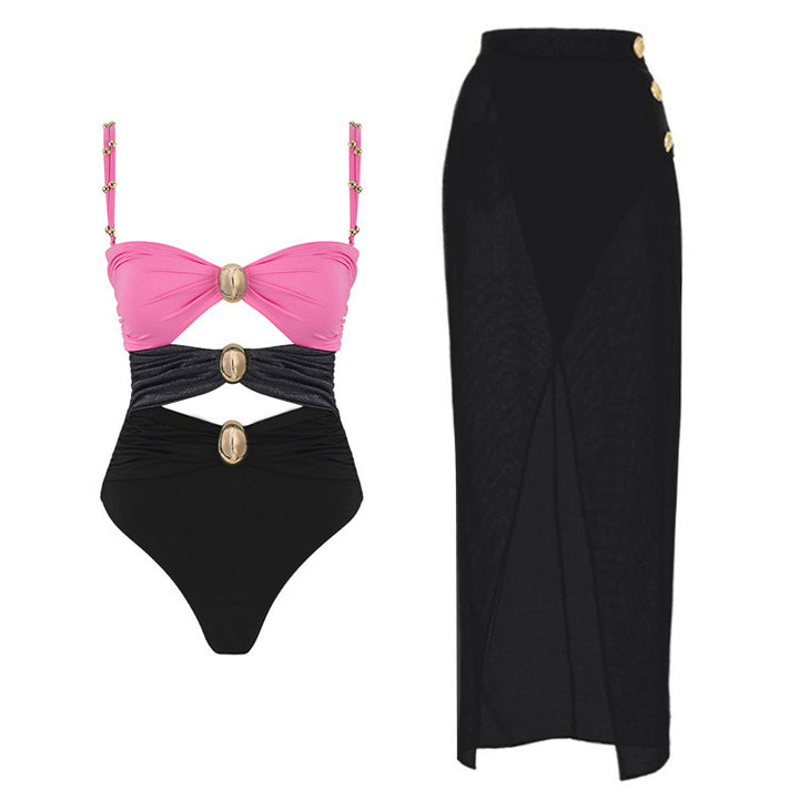 Damen Badeanzug mit raffinierten Drapierungen und eleganten Goldakzenten Drune