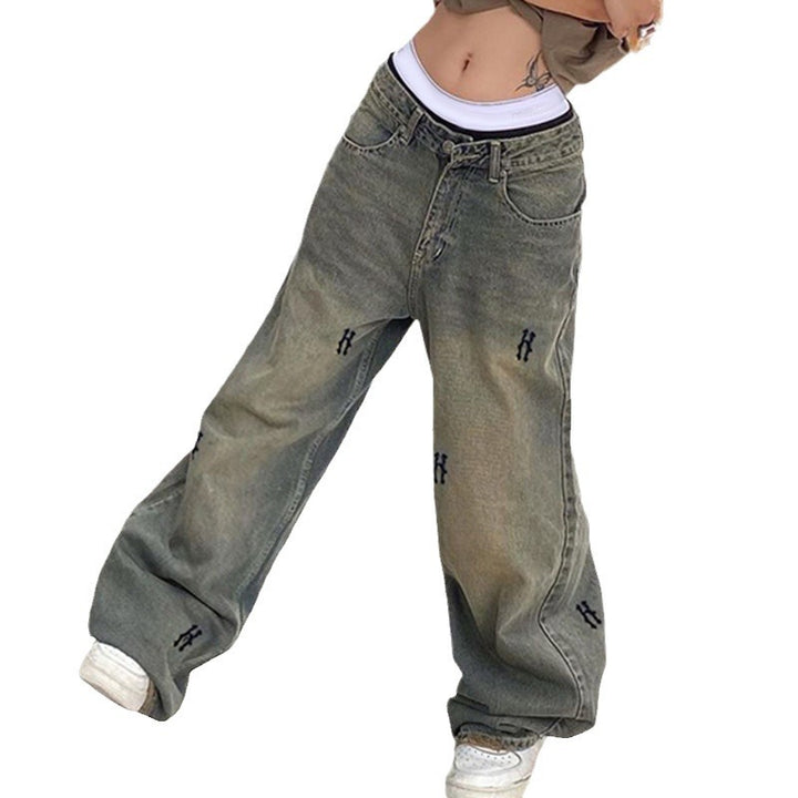 Damen nan hochtaillierte weite Denim-Jeans mit geradem Bein, Five-Pocket und Ton-in-Ton Stickerei Drune