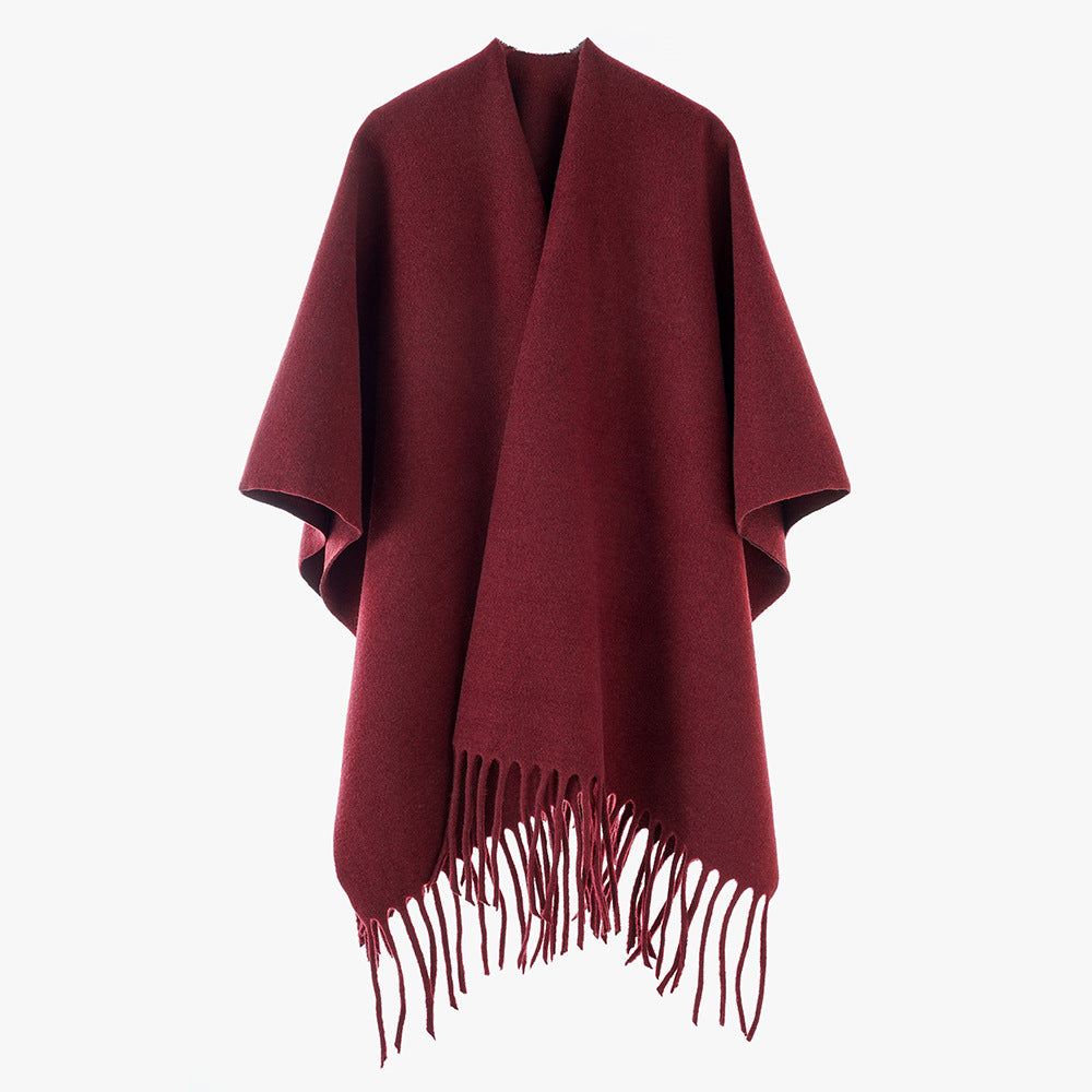 Damen Kaschmir‑Optik Capeponcho mit Fransen und offenem Oversize‑Schnitt Drune