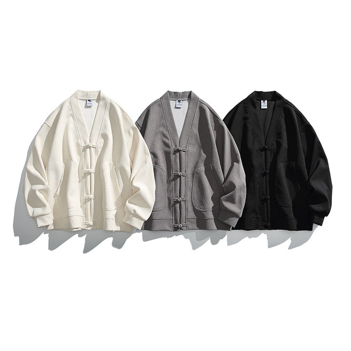 Herren weit geschnittene Kimono-Jacke im Hanfu-Stil mit Kordelverschlüssen und aufgesetzten Taschen Drune