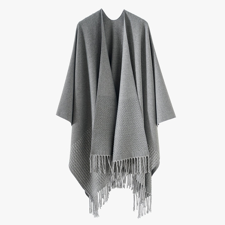 Damen Minimalistischer Wollmix-Capeponcho mit V‑Ausschnitt und Fransen Drune