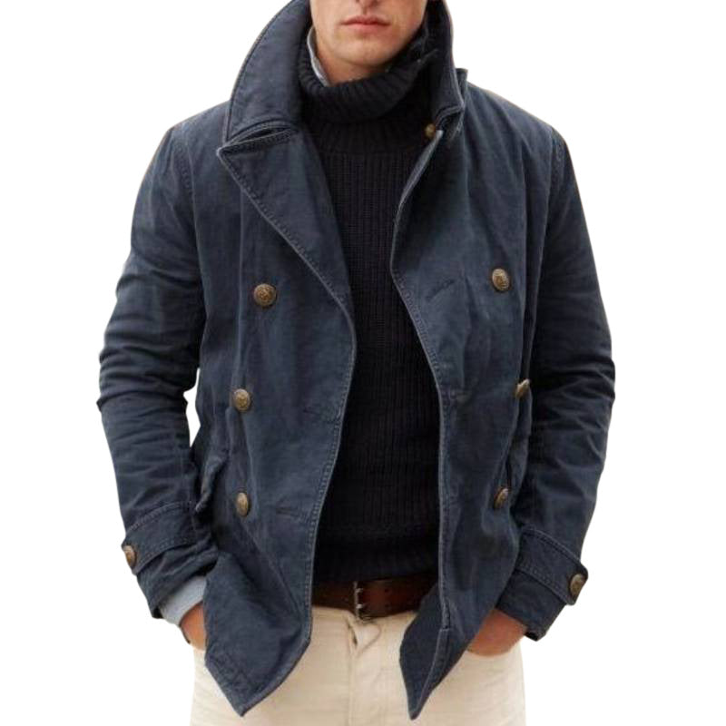 Herren Doppelreihiger Baumwoll-Peacoat mit Marineknöpfen und Stehkragen Drune