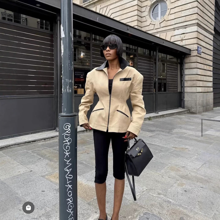 Damen Taillierte Kurzjacke mit Reißverschluss und Kunstlederbesatz Drune