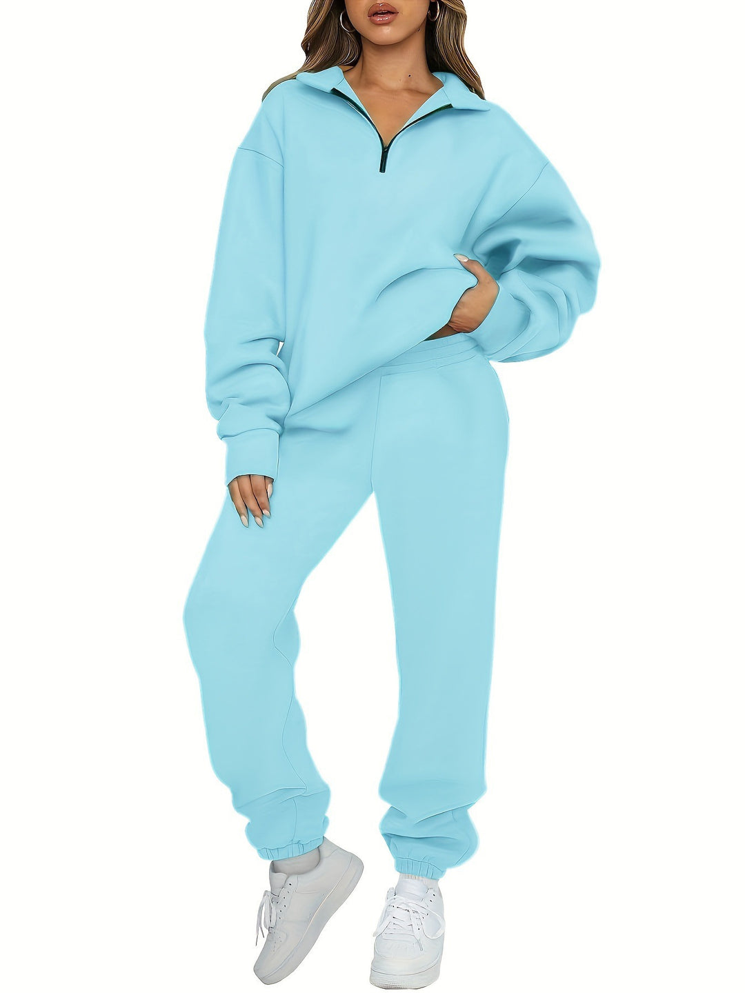 Damen nan zweiteiliges Relax-Set mit halbverdecktem Halbzip-Sweatshirt im Oversize-Schnitt und hohem Komfortbund Jogginghose Drune
