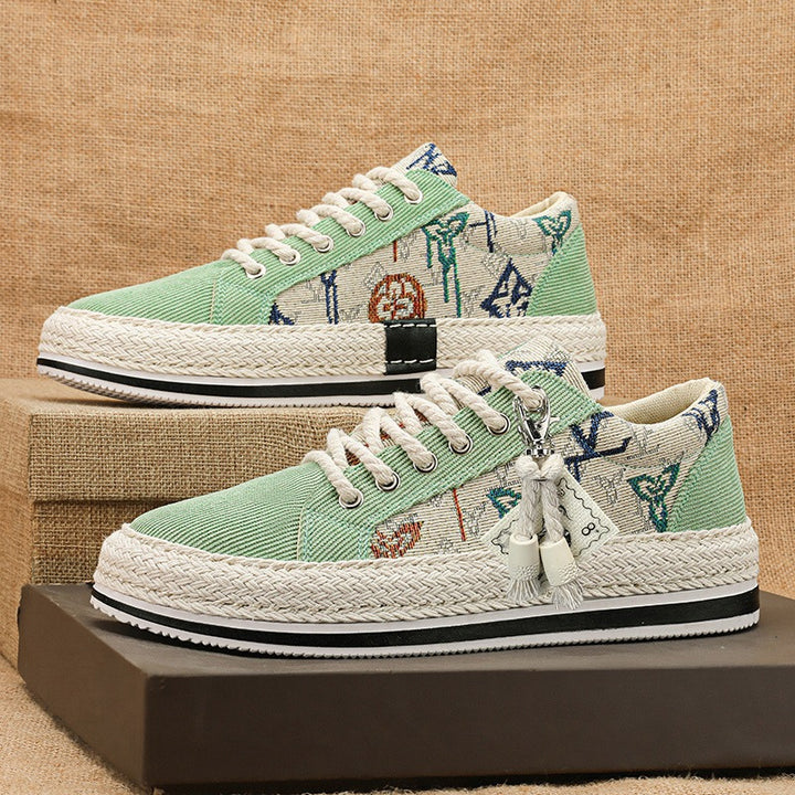 Damen bestickte Canvas‑Sneaker mit Quastenanhänger und geflochtener Plateausohle Drune
