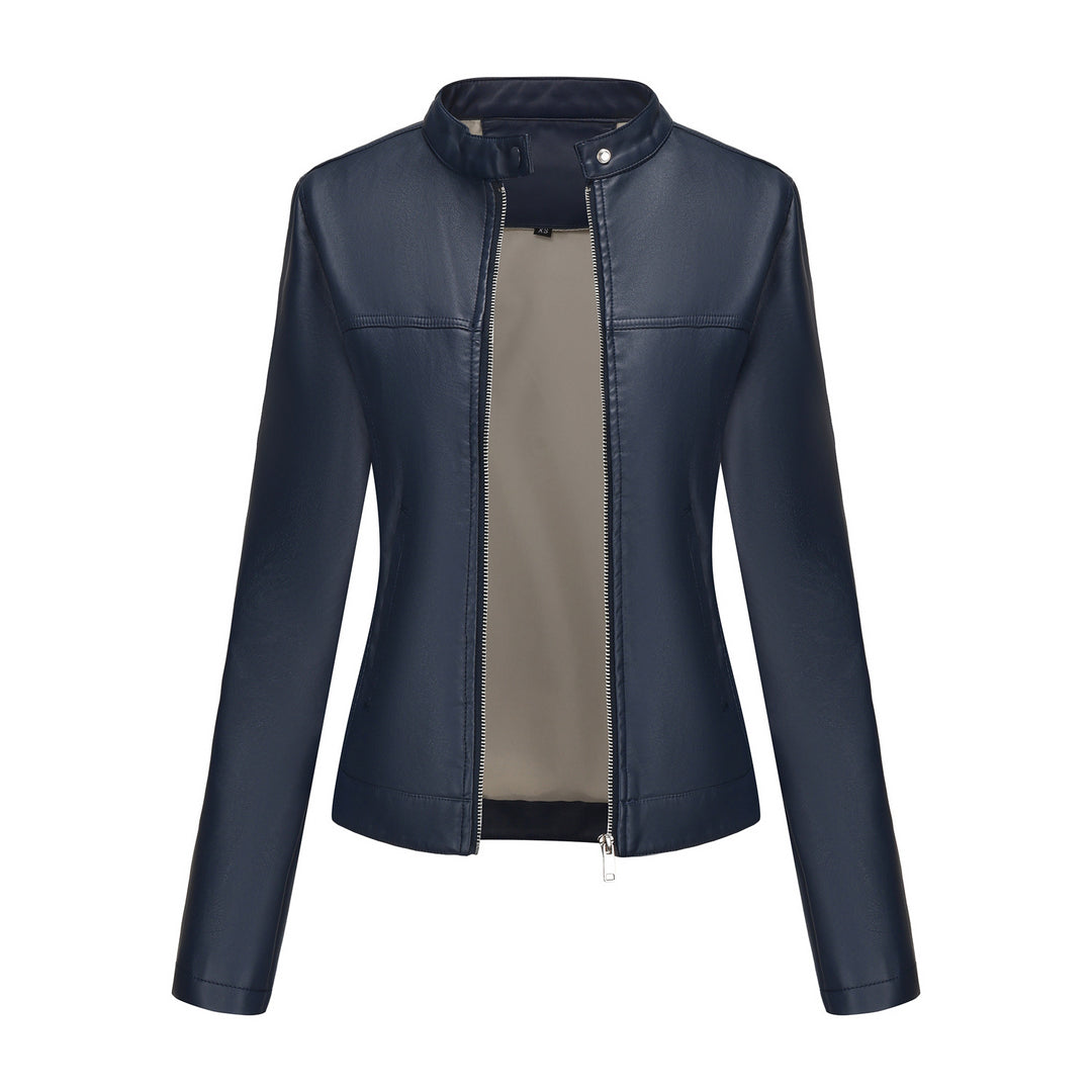 Damen nan taillierte Kunstlederjacke mit Stehkragen, verdecktem Reißverschluss und cleanem Minimaldesign Drune