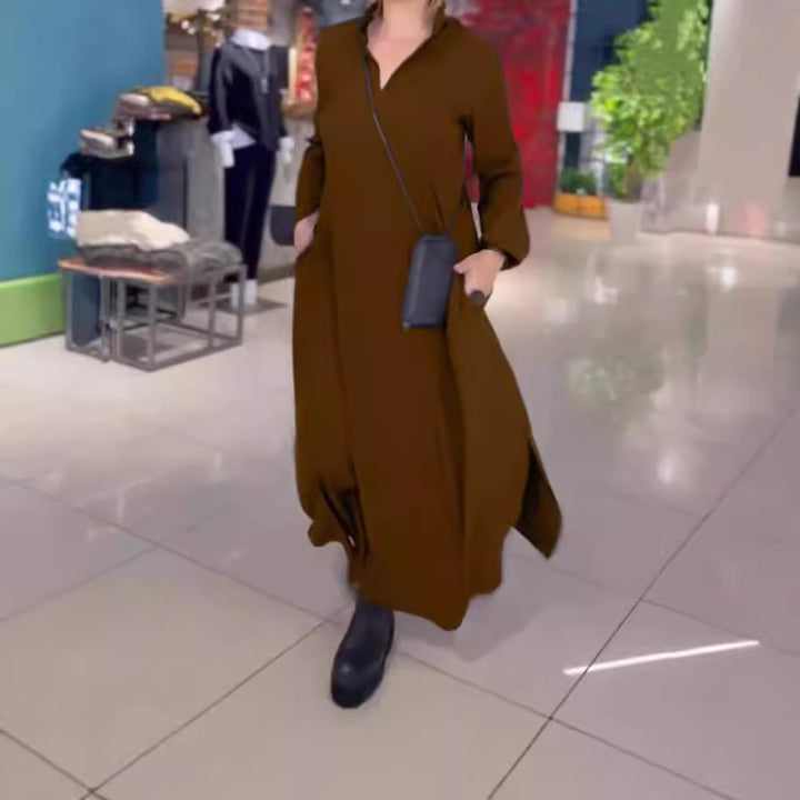 Damen nan fließendes Maxikleid mit V-Ausschnitt, kastiger A-Linie und langen Ärmeln Drune