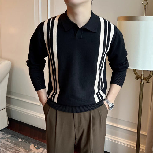 Herren Polokragen-Strickpullover mit markanten Längsstreifen und schmaler Passform Drune