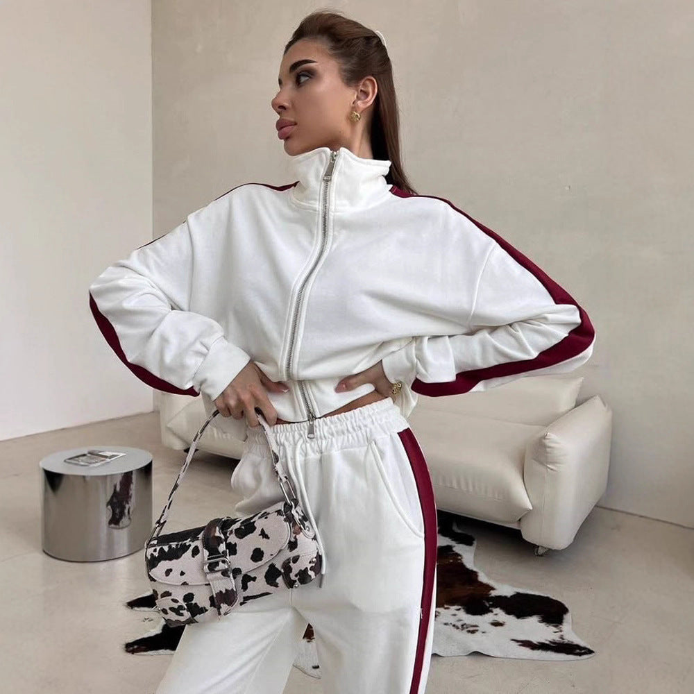 Damen weites Zip-Sweatset mit Kapuze, hohen Bund und seitlichem Kontraststreifen Drune