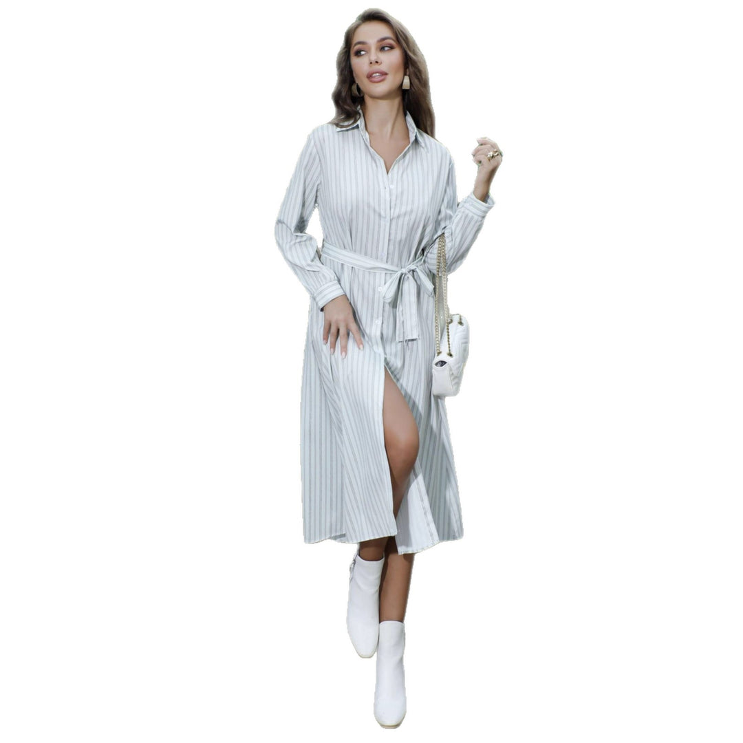 Damen Hemdblusenkleid mit Taillengürtel und hohem Beinschlitz Drune
