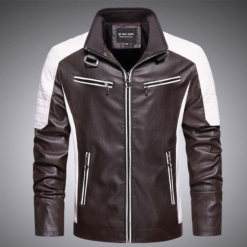 Herren Biker-Lederimitatjacke im Racing-Stil mit Stehkragen und Reißverschlusstaschen Drune
