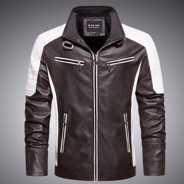 Herren Biker-Lederimitatjacke im Racing-Stil mit Stehkragen und Reißverschlusstaschen Drune