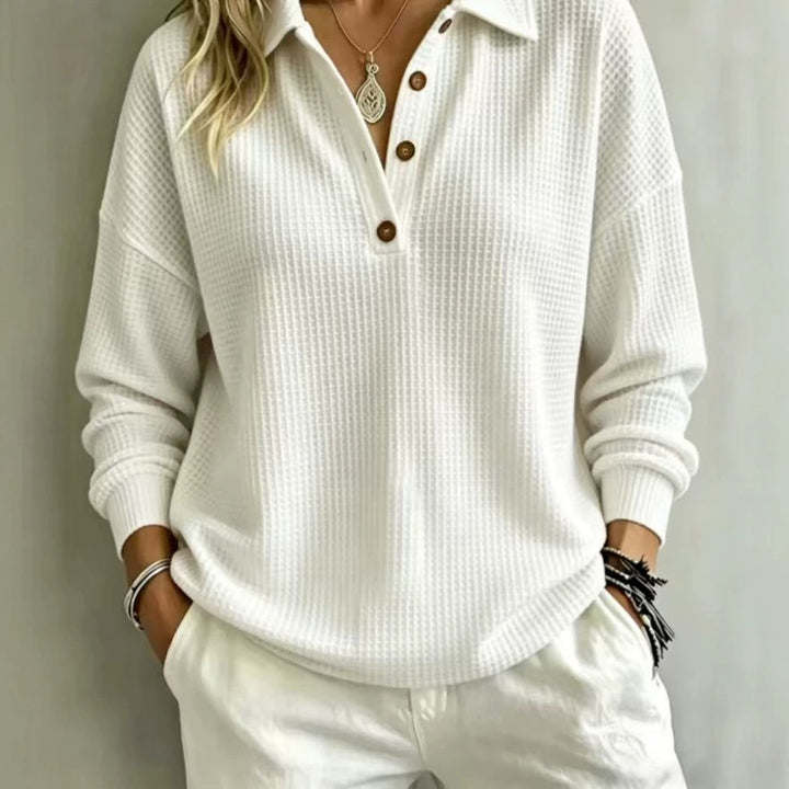 Damen Waffelstrick-Polo mit Oversize-Schnitt, Knopfleiste und Rollkragen-Optik Drune