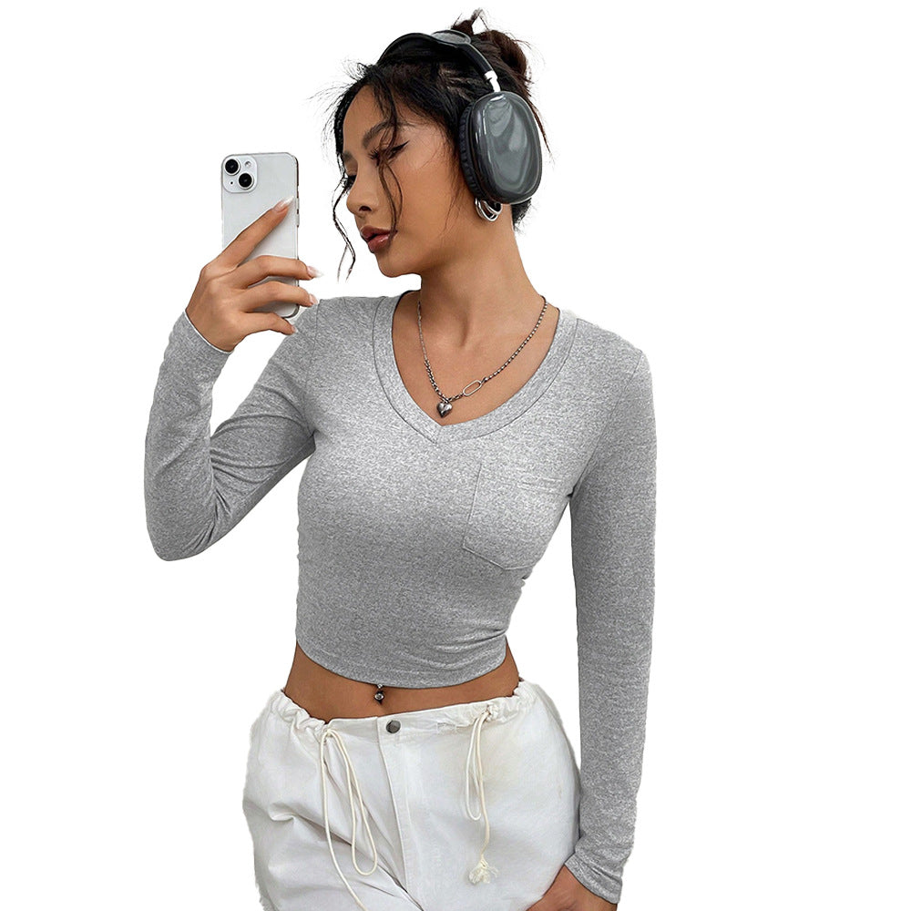 Damen figurbetontes Langarmshirt mit V-Ausschnitt und praktischer Brusttasche Drune