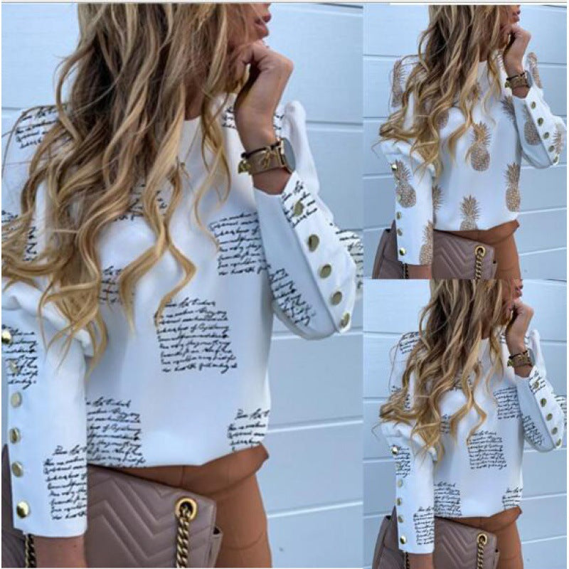 Damen Langarmshirt mit elegantem Schriftzug und dekorativen Knöpfen Drune