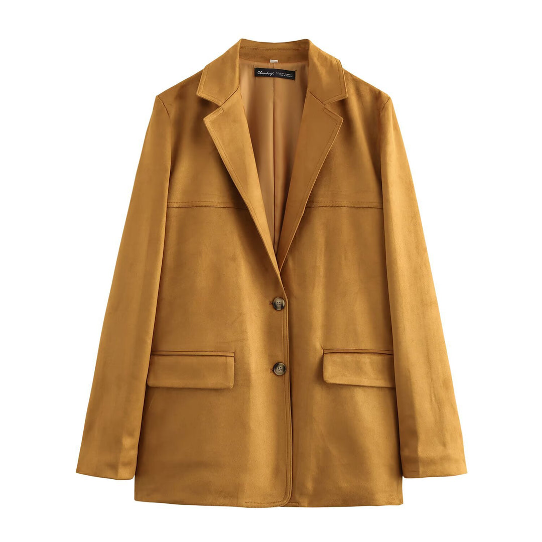 Damen Lang geschnittener Wildlederoptik-Blazer mit Reverskragen und Pattentaschen Drune