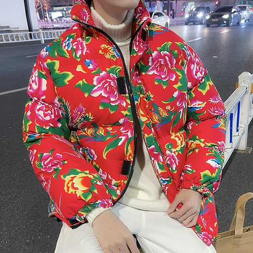 Damen Gefütterte gesteppte Pufferjacke mit großfloralem Print und Stehkragen Drune