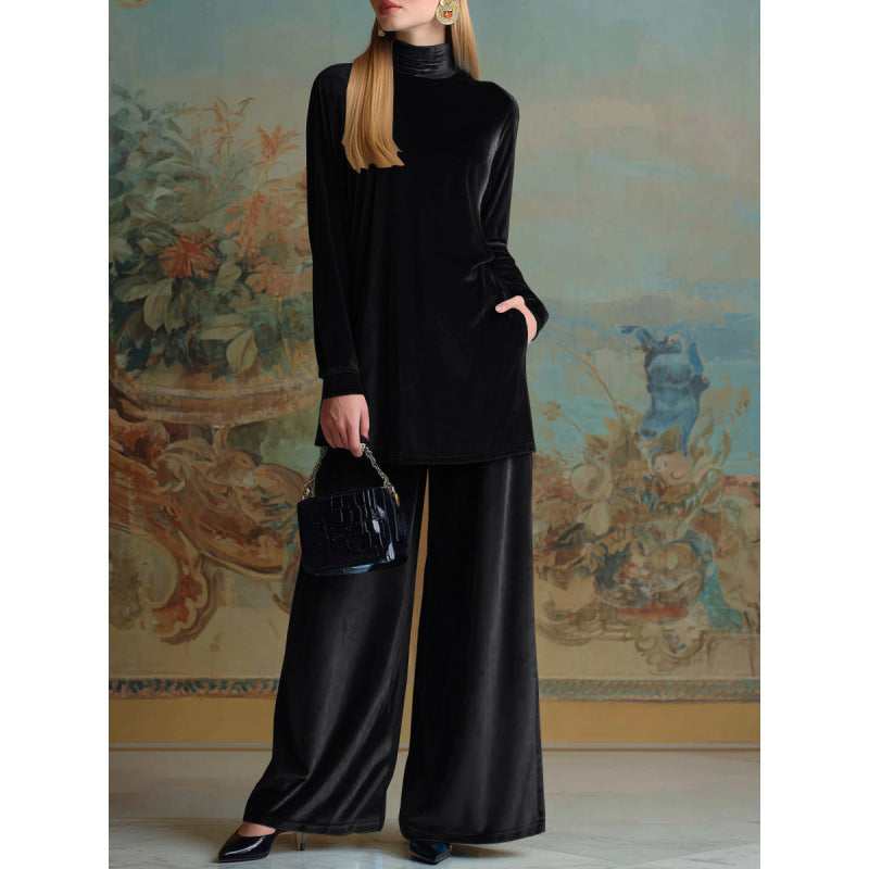 Damen Oversize-Samt-Set mit Rollkragen und weitem Palazzohose Drune