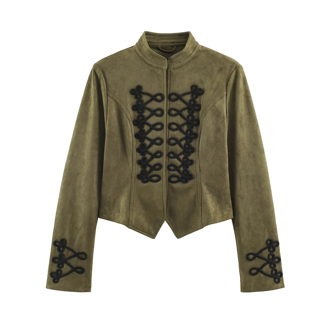 Damen Taillierte Cropped Militärjacke aus Wildlederimitat mit Stehkragen und dekorativen Zierkordeln Drune