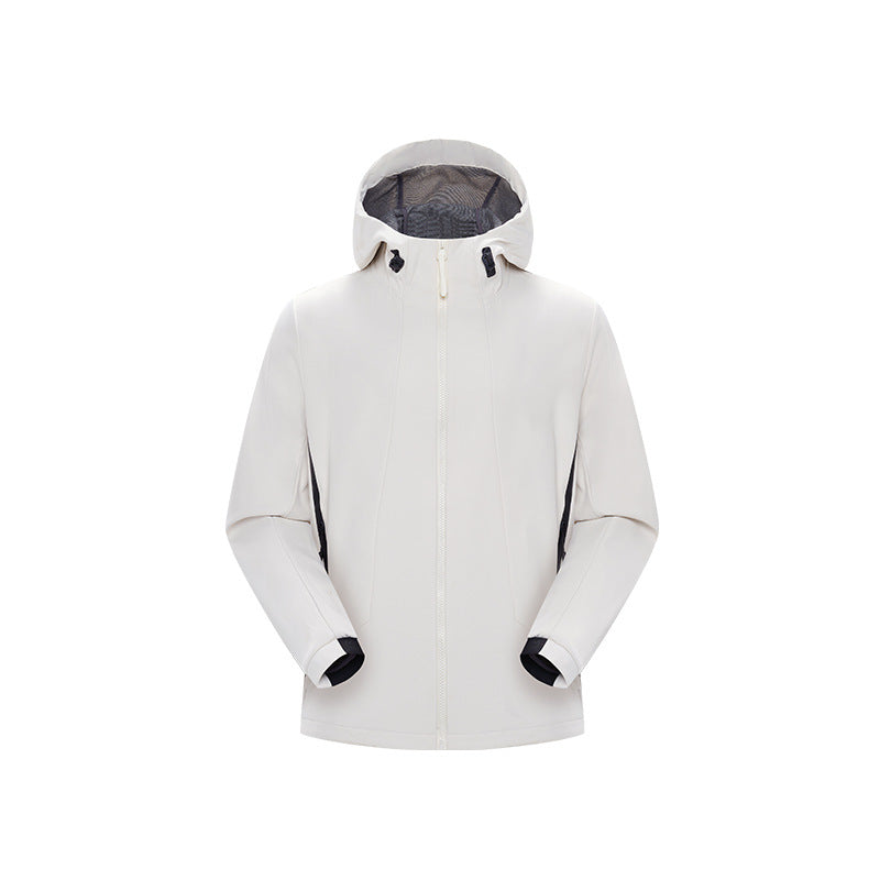 Herren Minimalistische Softshell‑Regenjacke mit verdecktem Reißverschluss, integrierter Kapuze und atmungsaktivem Meshfutter Drune