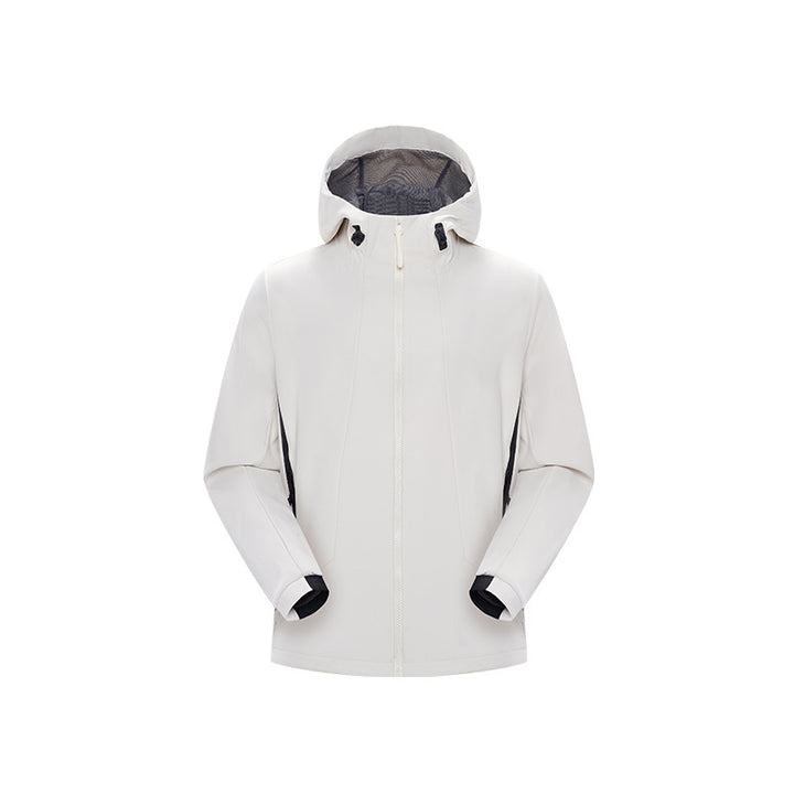 Herren Minimalistische Softshell‑Regenjacke mit verdecktem Reißverschluss, integrierter Kapuze und atmungsaktivem Meshfutter Drune
