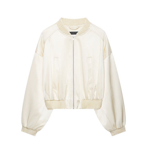 Damen Kurzer Satin-Bomber mit Oversize-Ballonärmeln und Rippkragen Drune