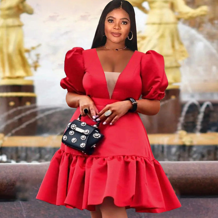 Damen elegantes Wickelkleid mit voluminösen Puffärmeln und Rüschensaum Drune