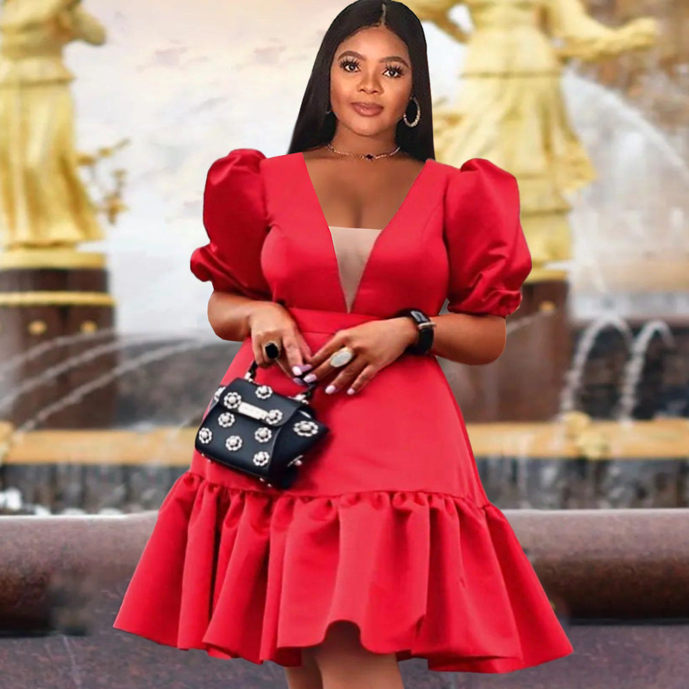 Damen elegantes Fit-and-Flare Kleid mit Puffärmeln Drune