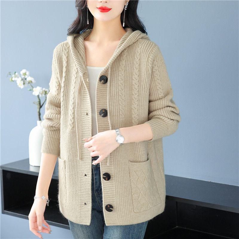 Damen Strickjacke mit Kapuze und Zopfmuster Drune
