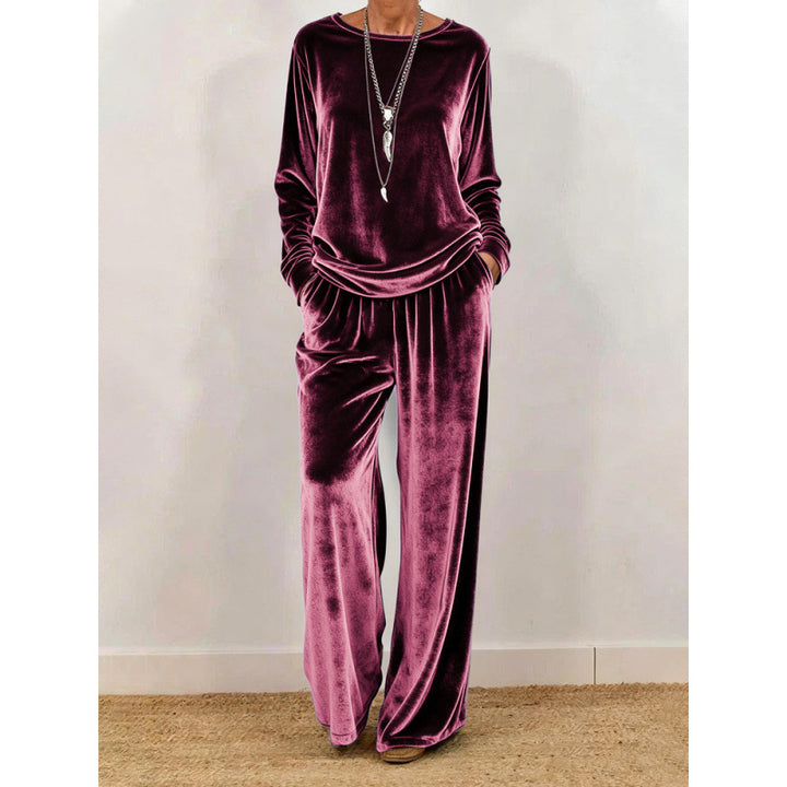 Damen Samt-Loungewear-Set mit weitem Bein, elastischem Bund und Rundhalsausschnitt Drune