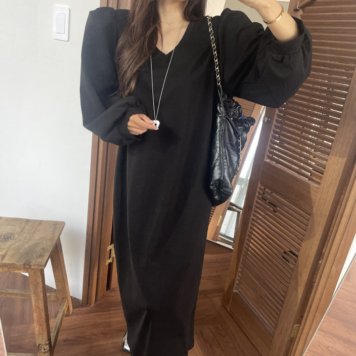 Damen Lässiges Maxi‑Sweatkleid mit V‑Ausschnitt, voluminösen Ballonärmeln und geradem Saum Drune