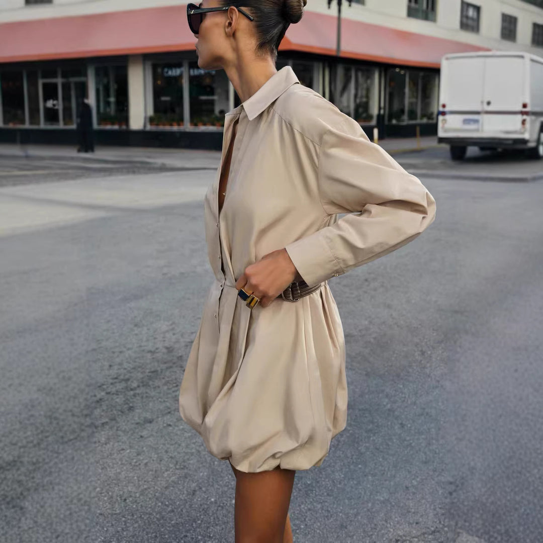 Damen Hemdblusenkleid mit Taillen-Tunnelzug, plissiertem Rock und Hemdkragen Drune