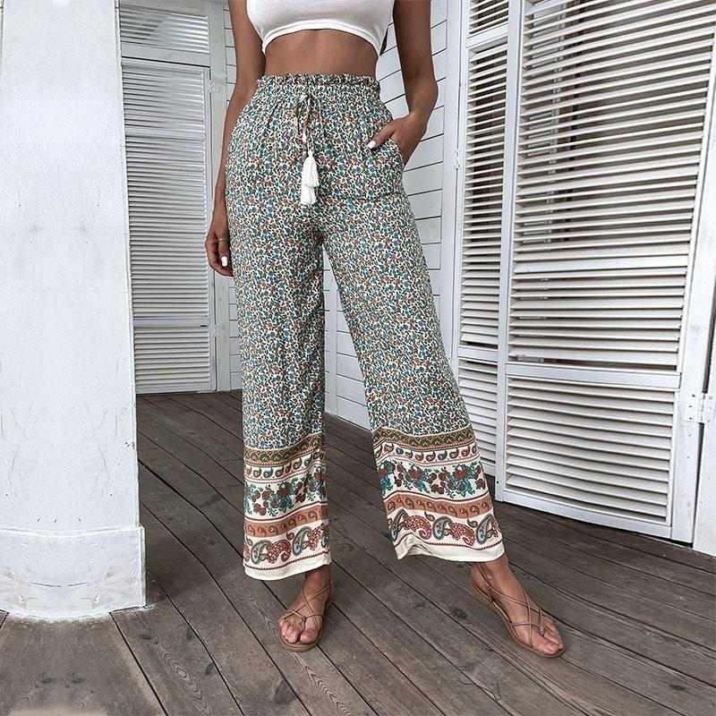 Damen Leichte Boho-Hose mit weitem Bein, elastischem Bund, Quasten-Kordel und Bordürendruck Drune