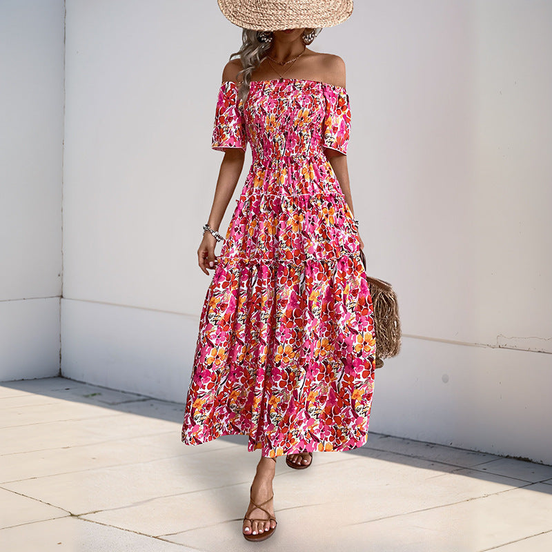 Damen Off-Shoulder Maxikleid mit Blütenmuster und Rüschendetails Drune