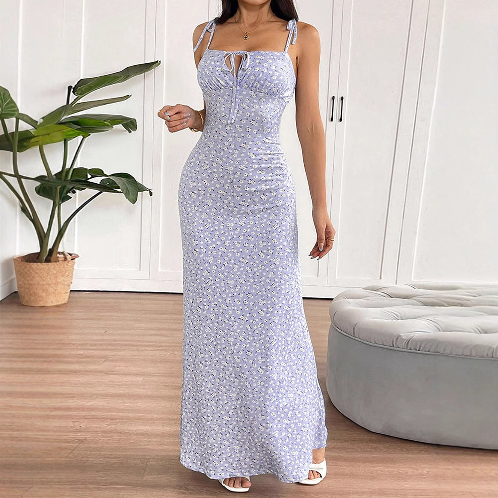 Damen luftiges Maxikleid mit verstellbaren Spaghettiträgern und süßem Blumendruck Drune