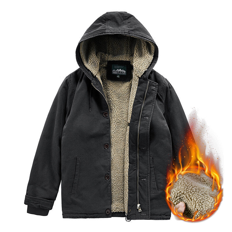 Herren Outdoor-Canvasjacke mit Voll-Sherpa-Innenfutter, Kapuze und Thermo-Isolierung Drune