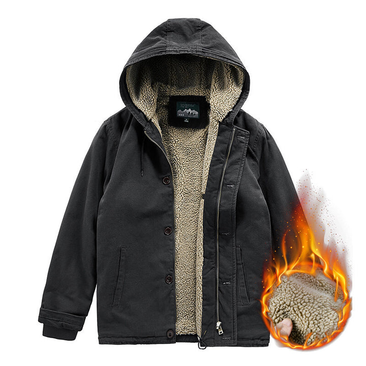 Herren Outdoor-Canvasjacke mit Voll-Sherpa-Innenfutter, Kapuze und Thermo-Isolierung Drune