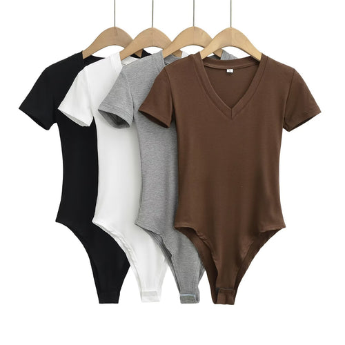 Damen Body mit tiefem V-Ausschnitt und kurzärmligem Design Drune